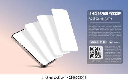 UI or UX smartphone mobile app template on gradient blue and pink background with application blank spaces for app screenshots - description and download link with QR code included