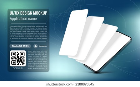 UI or UX smartphone mobile app template on gradient blue and green background with application blank spaces for app screenshots - description and download link with QR code included