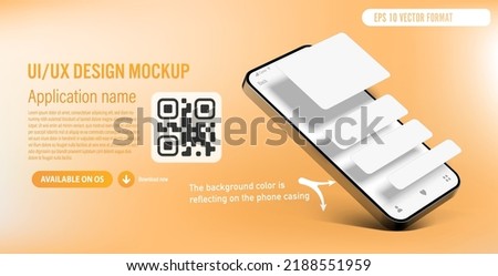 UI or UX smartphone mobile app template on orange background with application blank frames on the phone screen - description and download link with QR code included
