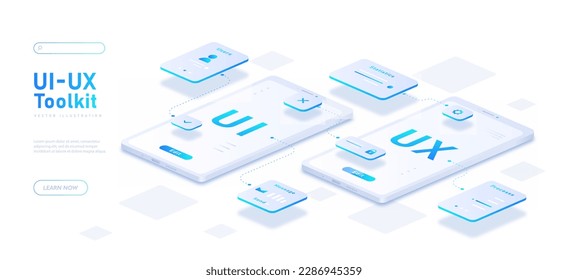 UI and UX toolkit. Adaptive design for smartphones. Interface for programs and software. Gadgets and devices. Mobile phone wireframe. Landing page design. Cartoon isometric vector illustration