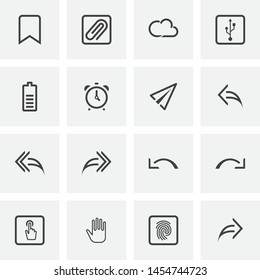 UI and UX, universal line icons set. linear style symbols collection, outline signs pack. vector graphics. Set includes icons as bookmark, attach file, alarm clock, plane, click hand, arrows,  battery