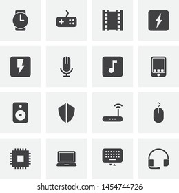 UI and UX, universal vector icons set, modern solid symbol collection, filled style pictogram pack. Signs, logo illustration. Set includes icons as gamepad joystick, film strip, router, computer mouse