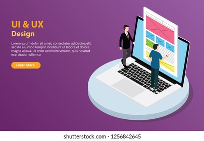 ui and ux user interface and user experience website design development with isometric style vector illustration