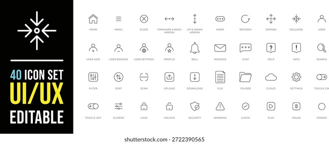 UI UX Utility Line Set Navigation, User, Settings, File, Security