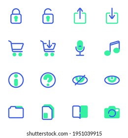 interfaz de usuario, juegos de iconos vectoriales UX, interfaz de usuario colección de símbolos bicolor sólido moderno, paquete de pictogramas estilo relleno. Señales, ilustración del logotipo. El conjunto incluye iconos como información, carpeta de documentos, cámara, micrófono