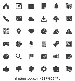 UI UX vector icons set, modern solid symbol collection, filled style pictogram pack. Signs, logo illustration. Set includes icons as phone call, telephone interface, contact book, notification message
