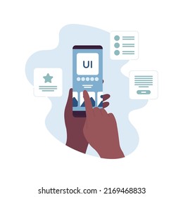 UI, UX and web design concept. Vector flat illustration. Human hand of african american holding smartphone and touch screen by finger. Application or web page interface layout elements symbol.