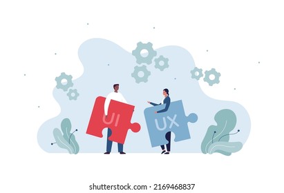 UI, UX and web design concept. Vector flat character illustration. Multienthic team of afrcian man and woman holding puzzle piece. Gear symbol.