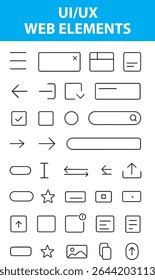 UI, UX Web Elements Line Icons,  Button, Menu, Slider, Grid, Form, Toggle, Search, Wireframe, Cursor, grid layout, dropdown, cursor, progress bar, popup, checkbox, card layout, scroll bar, and 