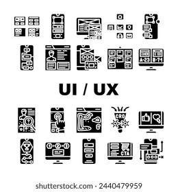 ui ux web interface app icons set vector. business mobile, arrow user, website tool, control, modern simple, experience ui ux web interface app glyph pictogram Illustrations