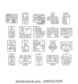 ui ux web interface app icons set vector. business mobile, arrow user, website tool, control, modern simple, experience ui ux web interface app black contour illustrations