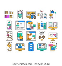 ui ux web interface app icons set vector. business mobile, arrow user, website tool, control, modern simple, experience ui ux web interface app color Contour Illustrations