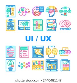 ui ux web interface mobile icons set vector. web mobile, arrow user, website tool, control, modern simple, experience ui ux web interface mobile color line illustrations