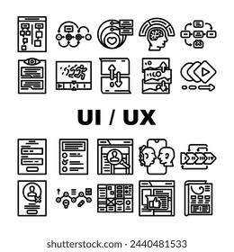 ui ux web interface mobile iconos set vector. web mobile, arrow user, herramienta web, control, moderno simple, experiencia ui ux web interface mobile negro contorno ilustraciones