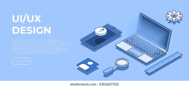 Ui uxdesign isometric scene. Creation of the user interface. Modern vector illustration isometric style