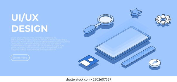 Escena isométrica Ui uxdesign. Creación de la interfaz de usuario. Ilustración vectorial moderna estilo isométrico