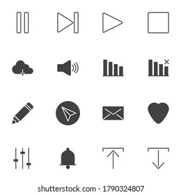 UI vector icons set, modern solid symbol collection, user interface filled style pictogram pack. Signs logo illustration. Set includes icons as button pause, play, stop, download, upload, notification