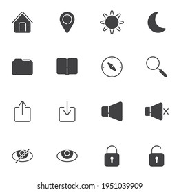 UI vector icons set, user interface modern solid symbol collection, filled style pictogram pack. Signs, logo illustration. Set includes icons as document folder, sound mode, brightness, lock, unlock