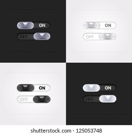 UI web controls ON/OFF  in vector on white and black background (black, white and silver)