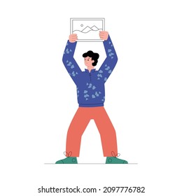 UI or web designer with picture symbol in hands, flat cartoon vector illustration isolated on white background. Gui designer placing image into interface wireframe.