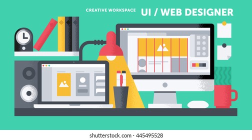 UI / web designer workplace / creative workspace / flat illustration with texture / modern computer, laptop, modern interior