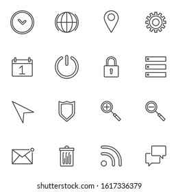 UI, Web essentials line icons set. linear style symbols collection, outline signs pack. vector graphics. Set includes icons as settings configuration, power button, data storage, calendar, wifi signal