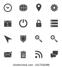UI, Web essentials vector icons set, modern solid symbol collection, filled style pictogram pack. Signs, logo illustration. Set includes icons as settings configuration, power button, data storage