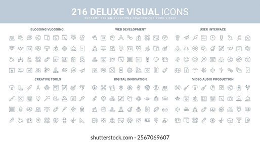 UI and website development and testing line icon set. Social media blog and vlog author, video and audio production, creative idea of web design thin black outline symbols vector illustration