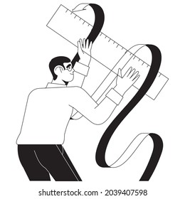 Ui, website or mobile application illustration in black and white line style. Male character with ruler measure progress. Growing business statistics or potentially promising company performance.