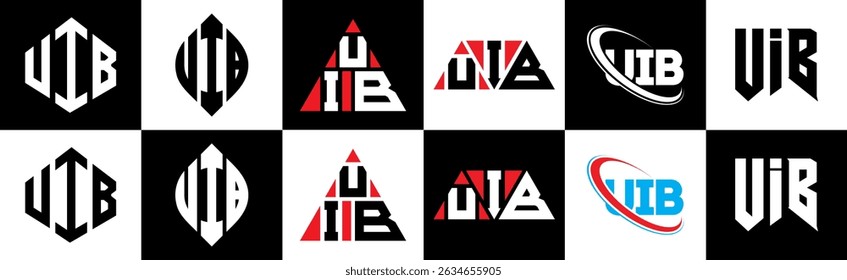 UIB letter logo design in six style. UIB polygon, circle, triangle, hexagon, flat and simple style with black and white color variation letter logo set in one artboard. UIB minimalist and classic logo