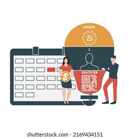 UID - Akronym der eindeutigen Kennung. Hintergrund des Unternehmenskonzepts.  Vektorgrafik-Konzept mit Schlagwörtern und Symbolen. Buchstabengrafik mit Symbolen für Web-Banner, Flyer, Landing-Page