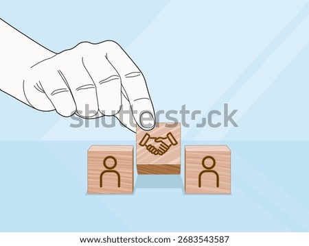 uilding Business Partnership Through Human Connection, Handshake icon links two people blocks in strategic visual setup