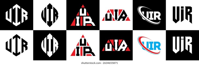UIR letter logo design in six style. UIR polygon, circle, triangle, hexagon, flat and simple style with black and white color variation letter logo set in one artboard. UIR minimalist and classic logo