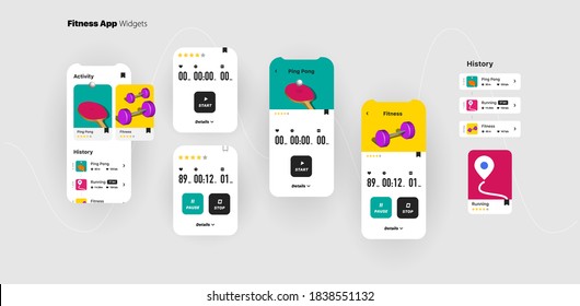Uiser interface set of dashbord elements for mobile fitmess application with bright workout illustrations in 3d isometric style, generic and fictional interface concept