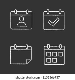 UI/UX chalk icons set. Calendars. Appointment, complete day, today, date range. Isolated vector chalkboard illustrations