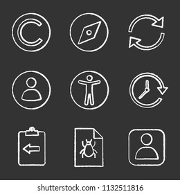 UI/UX chalk icons set. Copyright, explore tool, refresh arrow, userpic, accessibility, update, assignment return, bug report, account user. Isolated vector chalkboard illustrations