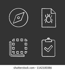 UI/UX chalk icons set. Explore tool, bug report, flip to back button, assignment turned in. Isolated vector chalkboard illustrations