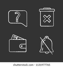 UI/UX chalk icons set. Live chat, delete forever, payment, notifications off. Isolated vector chalkboard illustrations