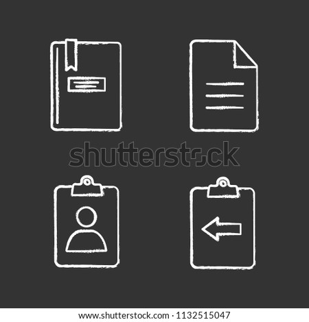 UI/UX chalk icons set. Notepad, assignment Ind, file, clipboard with left arrow. Isolated vector chalkboard illustrations