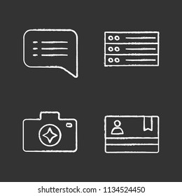 UI/UX chalk icons set. Speech bubble, camera enhance, list, membership card. Isolated vector chalkboard illustrations