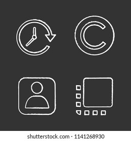 UI/UX chalk icons set. Update, copyright, user account, flip to front button. Isolated vector chalkboard illustrations