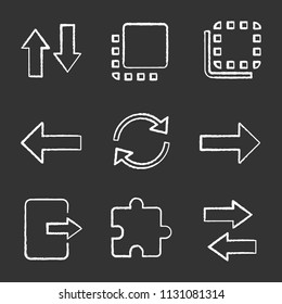 Conjunto de iconos de tiza UI/UX. Cambio vertical y horizontal, girar hacia atrás y hacia adelante, siguiente, botones anteriores, actualizar, salir, extensión. Ilustraciones aisladas de pizarra vectorial