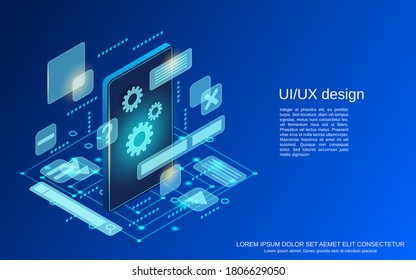 diseño UI/UX, desarrollo de aplicaciones, ilustración de concepto vectorial isométrico plano 3d