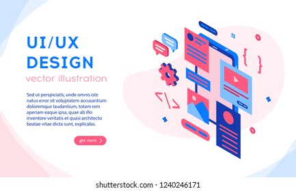UI/UX design concept, flat isometric vector illustration. Bright, colorful template for presentation, web, advertisement, banner.