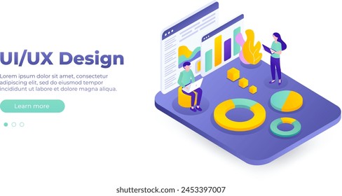 UIUX design concept. Vector isometric illustration, ui concept for your website. Data analysis, management, SEO, online shopping and startup business. Vector EPS 10