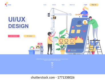 UI/UX Design flache Landing Page Vorlage. Entwickler erstellen eine Schnittstelle für die Situation mobiler Anwendungen. Webseite mit Personenzeichen. Umsichtiges Design und Benutzerfreundlichkeit, Vektorgrafik.