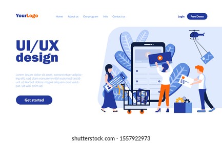 UI/UX design vector landing page template with header. Application development homepage design with flat illustrations. Programmers , web designers cartoon characters. Software, technology concept