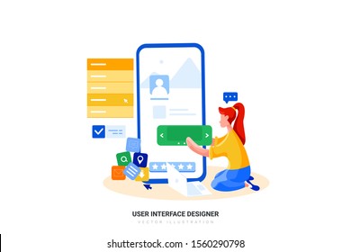 UI/UX designer building a new App for smartphone. In a digital world the user experience / interface designer is the architect of our new world. Flat style color modern vector illustration.