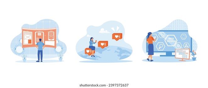  UIUX designers develop websites in the office. Young woman typing instagram telegram on mobile phone. Business, technology, internet and network concept. Web design concept. 