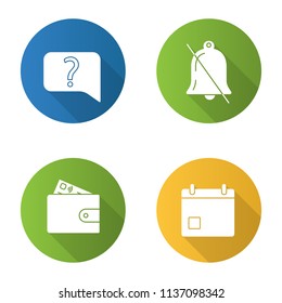UI/UX flat design long shadow glyph icons set. Live chat, notifications off, payment, calendar. Vector silhouette illustration